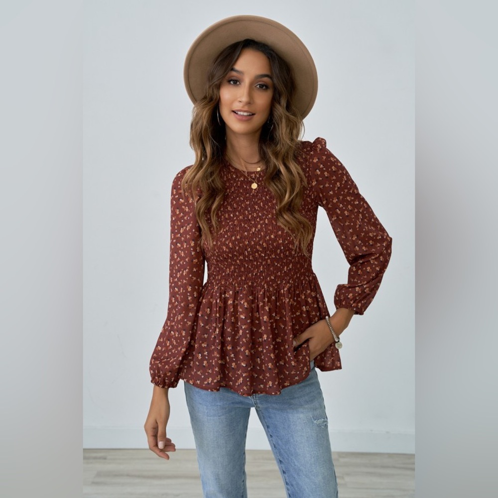Petallush Ruffle Shirring Long Sleeve Round Neck Shirt